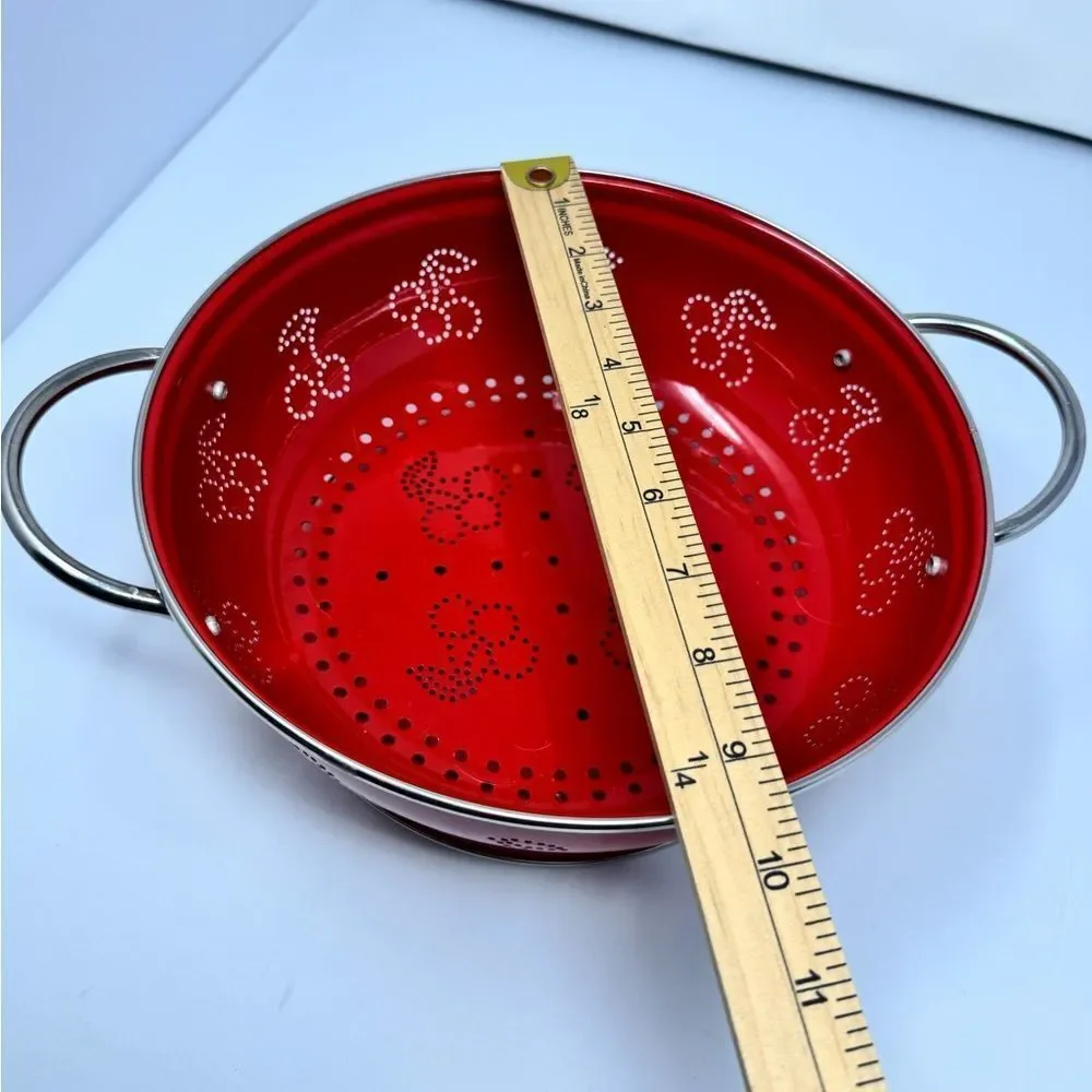 Red Enamel Colander Stainless Steel Strainer Cherry Design Holes Farmhouse